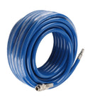 Rock Solid Heavy Duty 15 Meter Reinforce PVC Air Hose With Euro Quick Connect Coupler coiled, showing blue material and quick connect end.