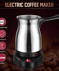 Electric Turkish Coffee Maker 600Ml Stainless Steel Pot With Anti Scald Handle, shown on a black base with power button.