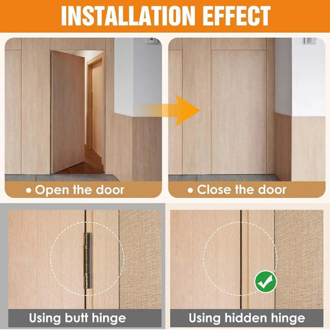 Sleek Six Inch Hidden Door Hinges For Clean Concealed Doors And Invisible Wall Panels With Premium Seamless Hardware And Easy Install Setup To Level Up Your Space With Zero Hassle Totally Dope showing open and closed door effects.