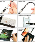 Real Deal Precision Screwdriver Set Featuring 124 Tools Including 101 Driver Bits For Slick Electronics Mobile Phone Laptop And Gaming Console Repairs Built Tough For Quick Fixes showing extension shaft, flexible shaft, magnetic mat, and tools.