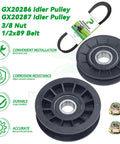 Prime Grade Idler Pulley Set, Straight Swapping John Deere Compatible GX20286 And GX20287, heavy duty pulleys with nuts and belt.