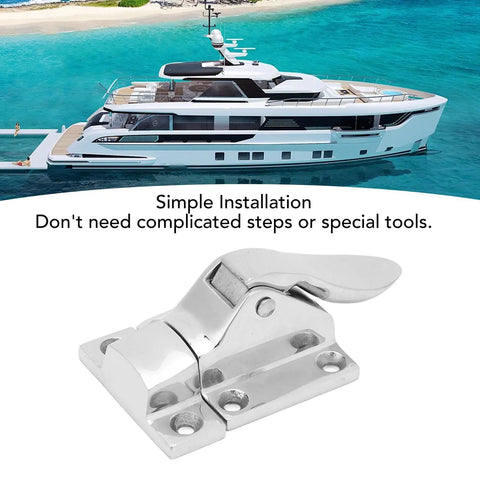 Rock Solid 316 Stainless Steel Marine Latches Lockable Door Clamps For Boats Yachts And Rv Heavy Duty Hatch Catches With Mirror Polish Finish Built Like A Tank Premium Grade Two Pack latch close-up with yacht in background