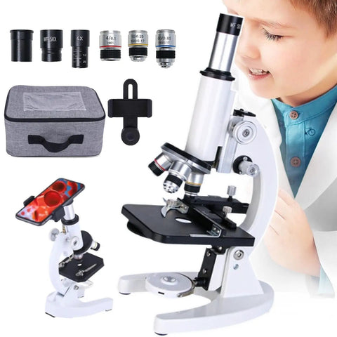 High Power Monocular Compound Microscope For Home School Science Labs With 12000X To 50000X Magnification, Kid Friendly Hands On Learning, Real Time Observation, Perfect For Students And Curious Kids with accessories and child using it.