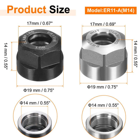 Built Tough Er11 A M14 Collet Clamping Nuts Boasting Rock Solid Hold For Lathe Cnc Milling Tools Crafted From Premium Hardened Steel Delivering Serious Grip And Knockout Durability Ready To Roll Pack Of Two with size details