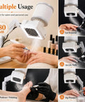 Badass 60W Nail Dust Collector Featuring Slick 360 Degree Cyclone Suction Technology And Heavy Duty Reusable Filter For Hella Quiet Salon Manicure Sessions At Home in use during gel removal and pedicure.