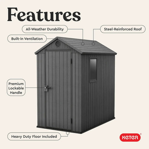 Lockable Resin Outdoor Storage Shed Graphite Gray Four By Six Feet with steel-reinforced roof and premium lockable handle.