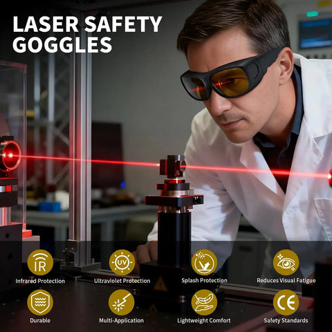 Heavy Hitter Laser Safety Specs 2 Pack OD8 Protection Against 190Nm To 2000Nm And 1064Nm Lasers in use during lab work.