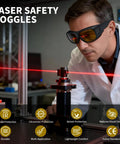 Kickass Laser Safety Glasses Featuring Boss Level OD8 Eye Protection Spanning 190 to 2000 nm and 1064 nm worn by a man in lab with laser equipment.