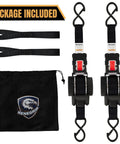 Package of heavy duty 1 inch by 12 foot retractable ratchet straps with 1760 pound break strength, bag, and accessories, 2 pack black