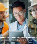 Heavy Duty Z87 Plus Safety Reading Specs With UV400 Side Shields And Impact Resistant Lenses Built Tough For Jobsites And The Daily Grind Featuring One Five X Clearfall Magnification worn by professionals in a work setting.