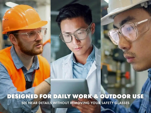 Built Like A Tank Z87 Plus Safety Reading Glasses With Wraparound UV400 Side Shields And Shatterproof Lenses Made For Rough Worksites And Laid Back Weekends, showcasing three users in safety eyewear for daily work.