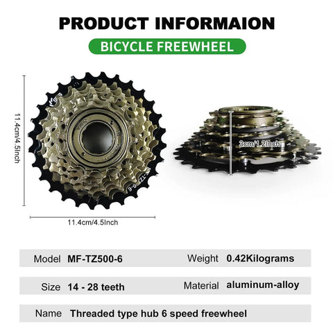 Six Speed Bike Freewheel MF-TZ500-6 14-28T Replacement Part For Road Mountain Hybrid Bikes, aluminum-alloy 14-28 teeth
