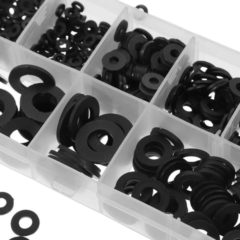 1 Box Plastic Flat Washers Assortment Kit With High Temperature Insulation And Wear Resistant Black Screw Gaskets For Wall Mounts And Door Hinges Replacement Spacers For Electrical Outlets Receptacles And Hardware, assorted black plastic washers in organizer tray