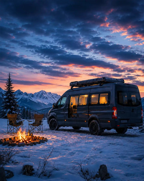 2 Pack Diesel Heater Fuel Tank Standpipe 650mm 35320A 1320399A Hella with a camper van by a glowing campfire in snowy mountains.