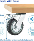 8 Inch All Swivel Caster Wheels Set Heavy Duty Rubber Casters 360 Degree Top Plate Anti Skid 4 Pack With 2 Brakes And 2 Without Brakes Durable Steel Frame Quiet Rolling And Floor Safe, side view showing brake mechanism under wooden surface.