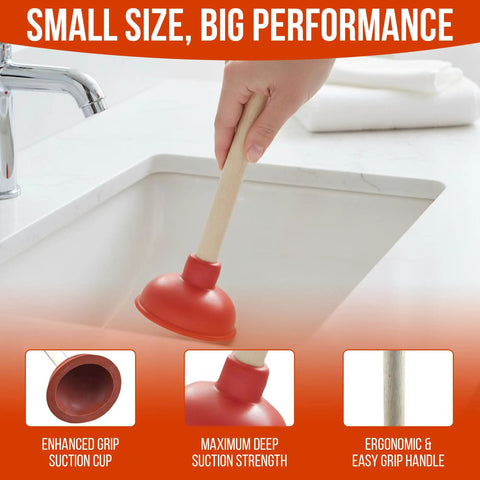 No Problem Small Sink Plunger With Four Inch Cup Straight Shooter Drain Tool for Bathroom Kitchen Clogs in use.
