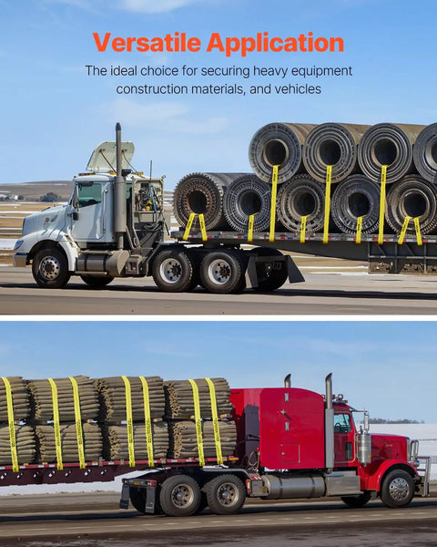 Beefy Heavy Duty Tie Down Straps 4 In By 30 Ft With Flat Hooks 18,000 Lbs Break Strength WLL 6,000 Lbs 10 Pack securing cargo.