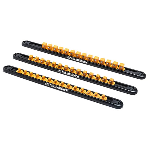 Three Eighths Inch Drive Magnetic Socket Rail with Fourteen Clips Aluminum Frame Ball Bearing Retention Rotating Clips shown