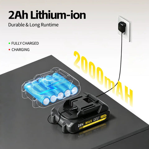 20 Volt Cordless Drill And Driver Combo Pack With Long Lasting Battery And Quick Charge Adapter, charging 2Ah lithium-ion battery with indicator.