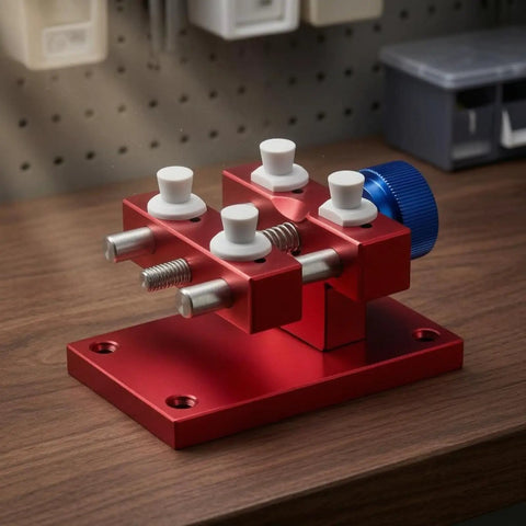 Aluminum Work Holder With Threaded Tightening Screw And Two Sliding Clamps Rock Solid Red Anodized Finish Heavy Duty Workshop Tool For Precise Part Holding And Repair on bench