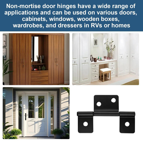 Black Three Leaf Non Mortised Hinges With Screws For Mobile Home RV Cabinet Window And Furniture Heavy Duty Quick Surface Mount Design With Smooth Swinging Bearing And Jam Free 10 Pack displayed with cabinets and doors.