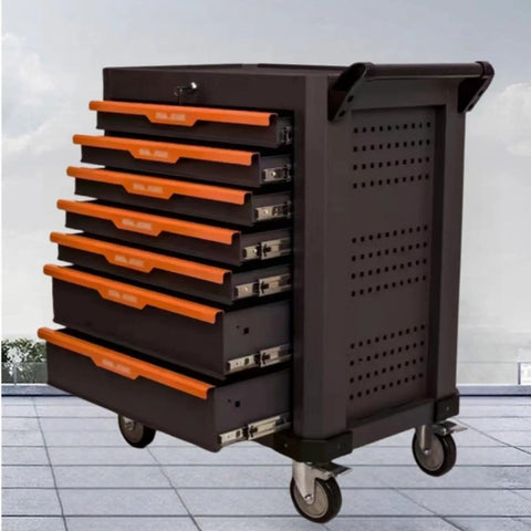 Multifunctional 7 Drawer Rolling Tool Cart With Lock, Heavy Duty Steel Tool Chest On Wheels, side view on casters