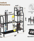 Total Game Changer For Your Ride This Freestanding Ski And Snowboard Stand dimensions showing adjustable shelves and hooks.