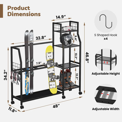 Total Game Changer For Your Ride This Freestanding Ski And Snowboard Stand dimensions showing adjustable shelves and hooks.