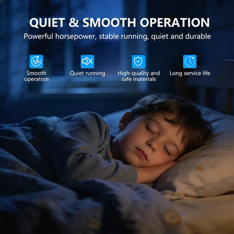 Child sleeping peacefully at night, highlighting quiet operation of Super Tough One Quarter HP Condenser Fan Motor Replacement For Air Conditioning Units 1100 RPM 208 To 230 VAC.