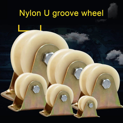 Heavy Duty U Groove Wheel For Sliding Doors And Rolling Gates Rock Solid Nylon Caster Pulley with steel brackets in various sizes.