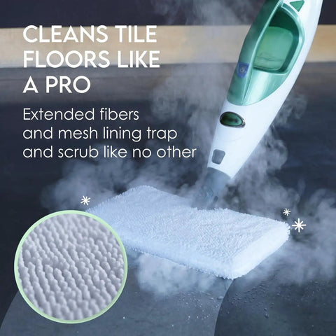 Pro Grade Replacement Microfiber Pads For Steam Mops 4 Pack in use on tile floor with steam mop, close-up detail inset