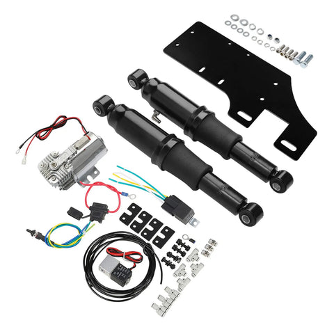 Transform Your Harley With Sick Air Ride Suspension Kit Touring 1994-2025 Adjustable Shocks and installation components laid out.