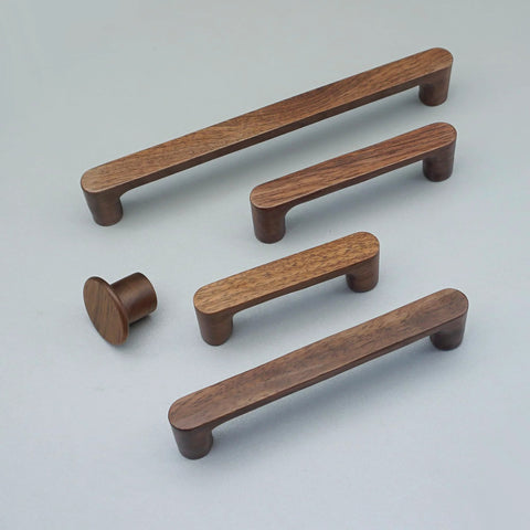 Six Pack Walnut Wood Drawer Pulls Set Rustic Cabinet Handles For Kitchen And Furniture Hardware Natural Wood Dresser Knobs Approximately 6.93 Inch Total Length With About 6.3 Inch Hole Spacing 0.62 Inch Wide And 1.22 Inch High displayed on a light surface