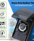 Heavy Duty Outdoor Plug-In Timer Built Tough For Pool Pumps And Yard Lights, with weatherproof cover and dial settings.