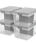 Rock Solid Stackable Plastic Storage Bins With Lids, Hella Spacious 98 Quart Hi Rise Containers For Home Garage And Closets, Snap Lock Grid Tops Shield Your Gear, Gray Four Pack, stacked containers with gray lids.