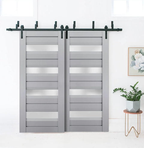 Smooth Operator Bypass Sliding Closet Doors 56 X 96 Inches Matte Grey Frosted Glass Tough Solid Core With Full Hardware Pack For Effortless Weekend Swap Out in a modern interior setting.