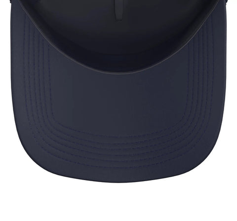 Top view of Evolution Plumbers Pipe Repair Trade Job Graphic Trucker Hat with adjustable mesh back in navy blue.