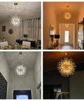 Lit Dandelion Crystal Chandelier With Firework Sparkle 9 Light Gold Pendant Light Fixture in room settings, adding modern glam.
