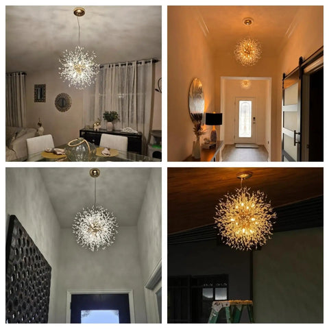 Lit Dandelion Crystal Chandelier With Firework Sparkle 9 Light Gold Pendant Light Fixture in room settings, adding modern glam.