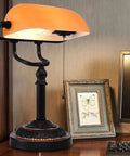 Bankers Desk Lamp With USB Port, Dope Rustic Oil Rubbed Bronze Finish, Pull Chain Desk Light With Amber Yellow Glass Shade