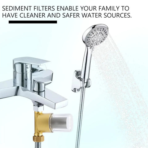 Brass Inline Sediment Filter with 40 Micron Mesh and 12 GPM high flow installed in a faucet for cleaner water.