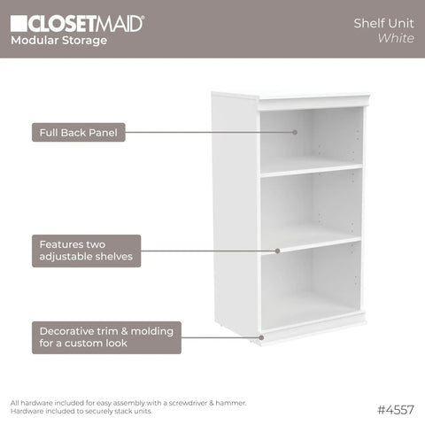 Versatile Modular Storage Shelf With Three Adjustable Shelves Stackable Closet Organizer featuring full back panel and decorative trim.