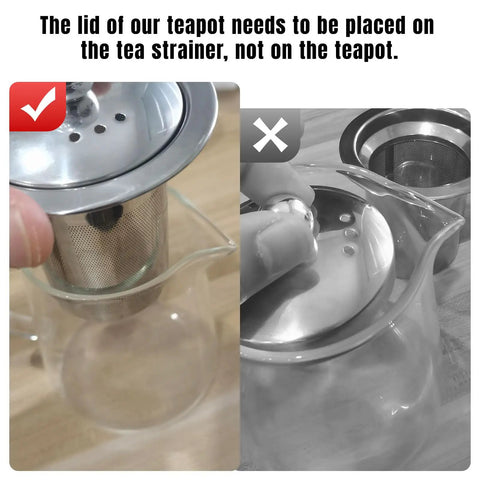 Correct and incorrect lid placement on a Stovetop Safe Glass Teapot 550ml With Removable Stainless Steel Infuser.