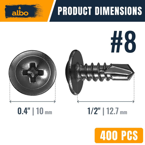 Hella Durable Beefy Four Hundred Piece Pack Eight By One Half Inch Self Tapping Truss Head Stainless Screws dimensions shown.