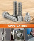 Four 304 Stainless Steel Socket Head Cap Screws 4 40 Thread By 1 1/8 Inch Long on wood, ideal for heavy-duty hardware.
