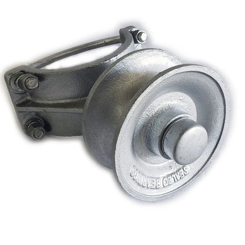 Heavy Duty Cantilever Gate Rollers With Six Inch Chain Wheels Double Sealed Bearings Built Like A Tank Track System For Chain Link Fence Posts And Gate Pipes Runs Like A Dream Pack Of Two, detailed view of roller with steel wheel.
