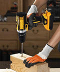 Tough As Nails 21v Cordless Drill Tool Kit With Dual Rechargeable Batteries And Six Precision Bits Ergonomic Grip drilling into wood.