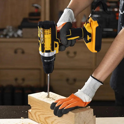 Tough As Nails 21v Cordless Drill Tool Kit With Dual Rechargeable Batteries And Six Precision Bits Ergonomic Grip drilling into wood.
