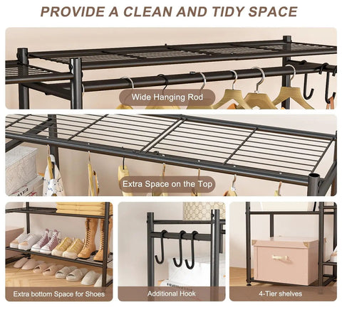 Image of an All In One Wardrobe Closet Organizer With Hanging Rod And Four Shelves Free Standing Portable Clothing Rack features, showing wide hanging rod, extra top space, shoe storage, additional hooks, and 4-tier shelves.