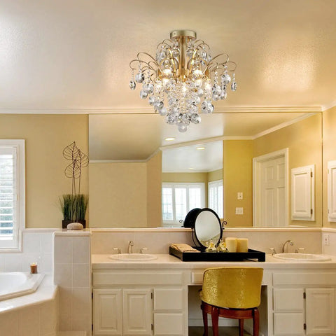 Crystal Chandelier Flush Mount Ceiling Light With Sparkling Glass Crystals Glam Gold Finish Modern Fixture in bathroom